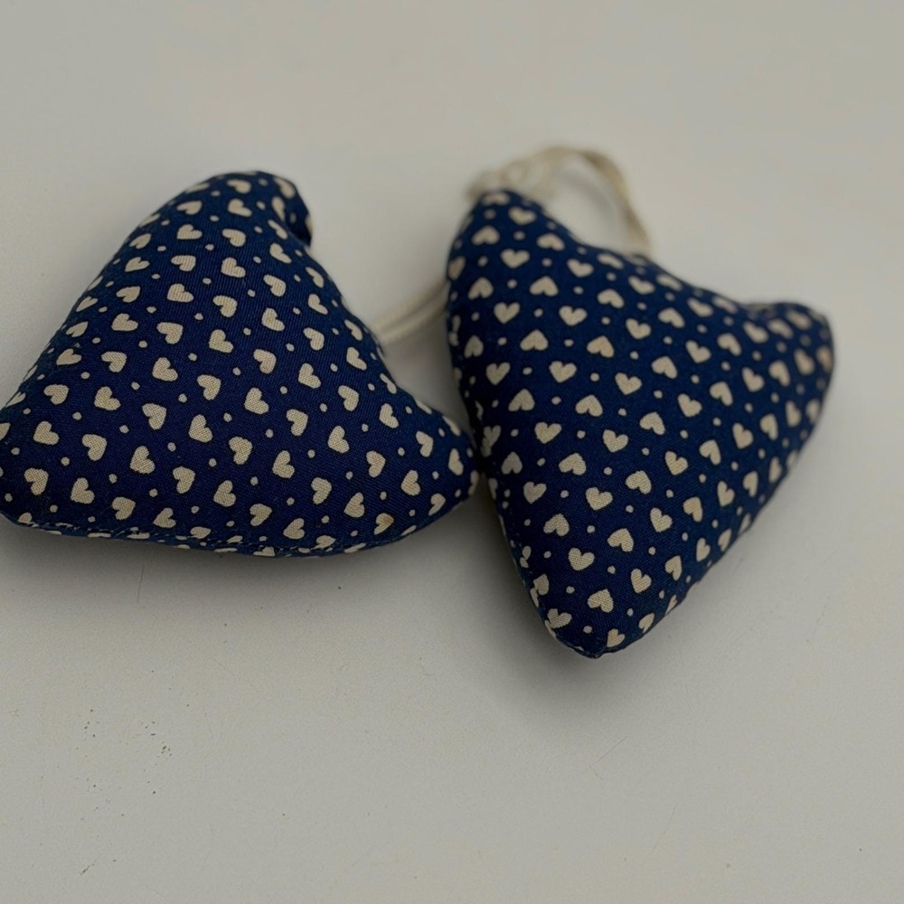 Navy Blue Heart 2 Fabric Ornaments Primitive Country Decor Print Grandmacore
